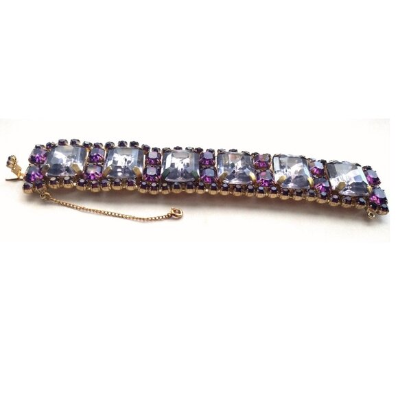 Purple Rhinestone Cocktail Bracelet Vintage Gold Tone Metal Chunky - Picture 9 of 15